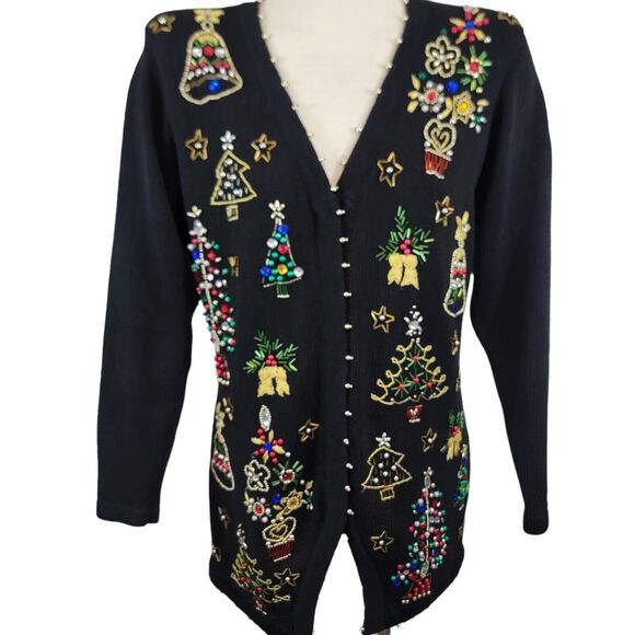 Studio Collection Sweater Womans Medium Black Beaded Christmas Cardigan - Picture 1 of 9